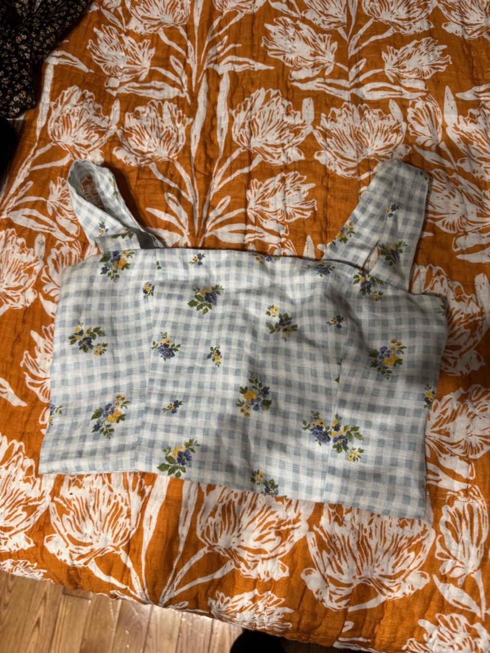 Reformation Light Blue Gingham Floral Crop Top